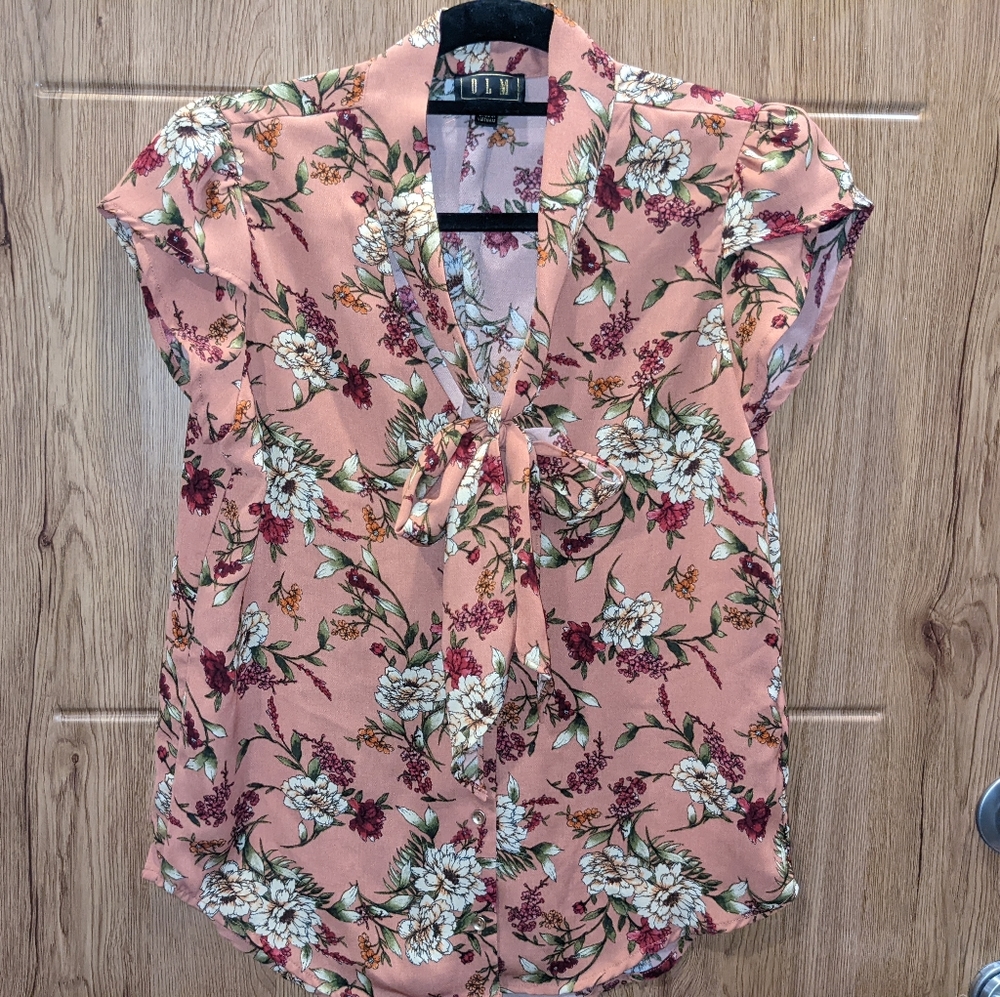 OLM Floral Bow Tie Neck Coral blouse - Small